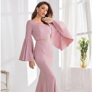 Flounce Sleeve Mermaid Hem Dress Without Belt